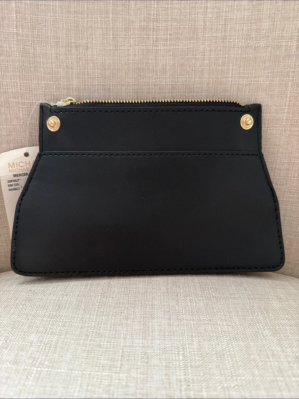 MICHAEL KORS Black Leather Wristlet Clutch with Gold Hardware